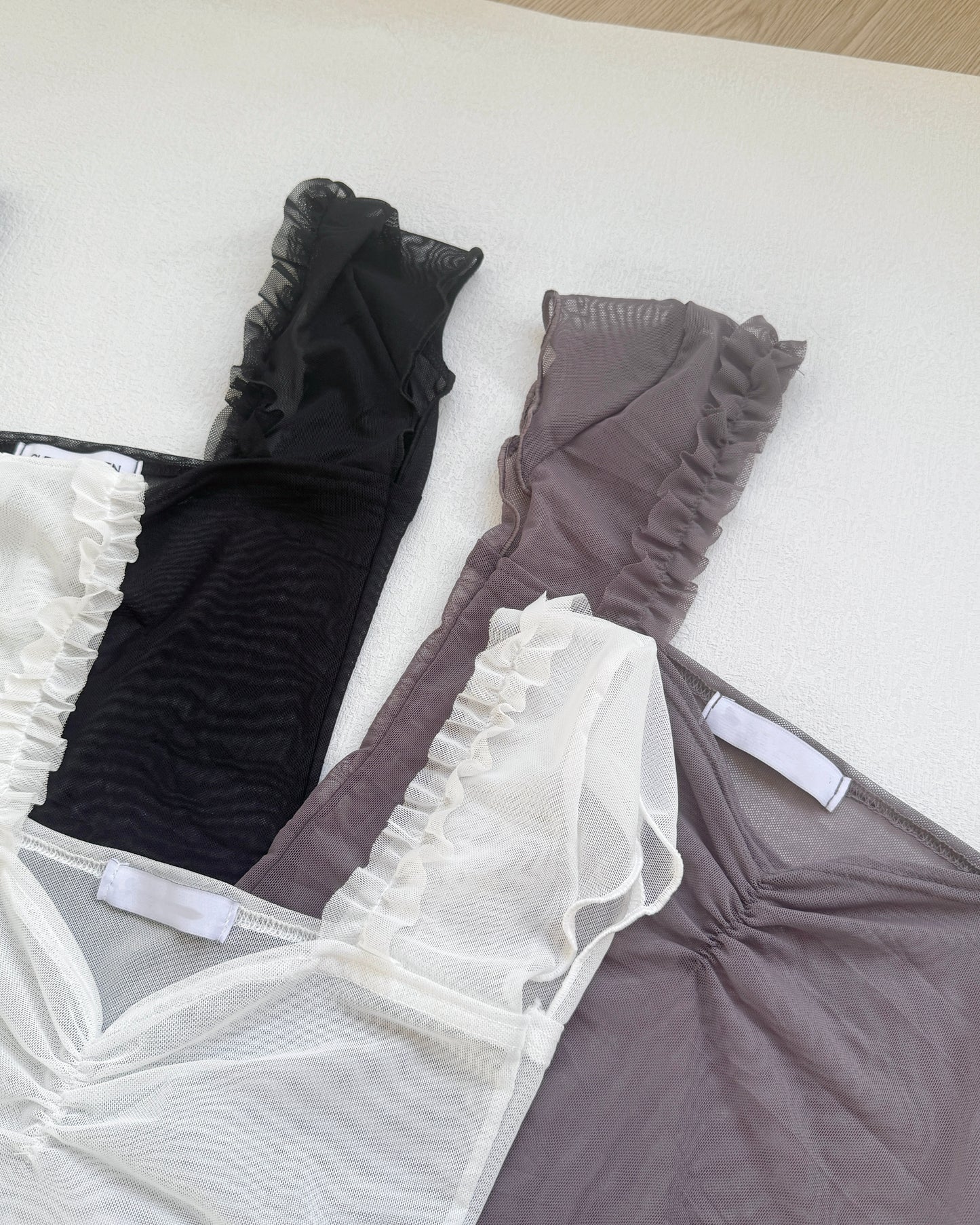 TP529 Ruffle Mesh Top - White | Black | Gray