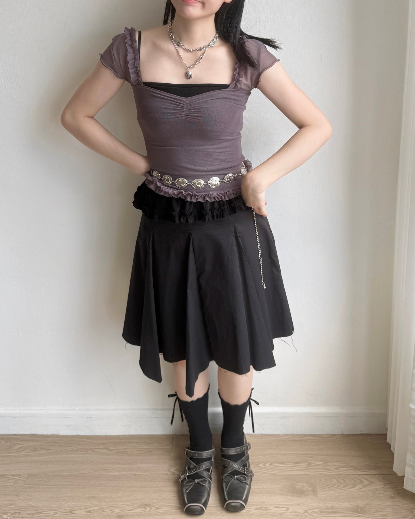 TP529 Ruffle Mesh Top - White | Black | Gray