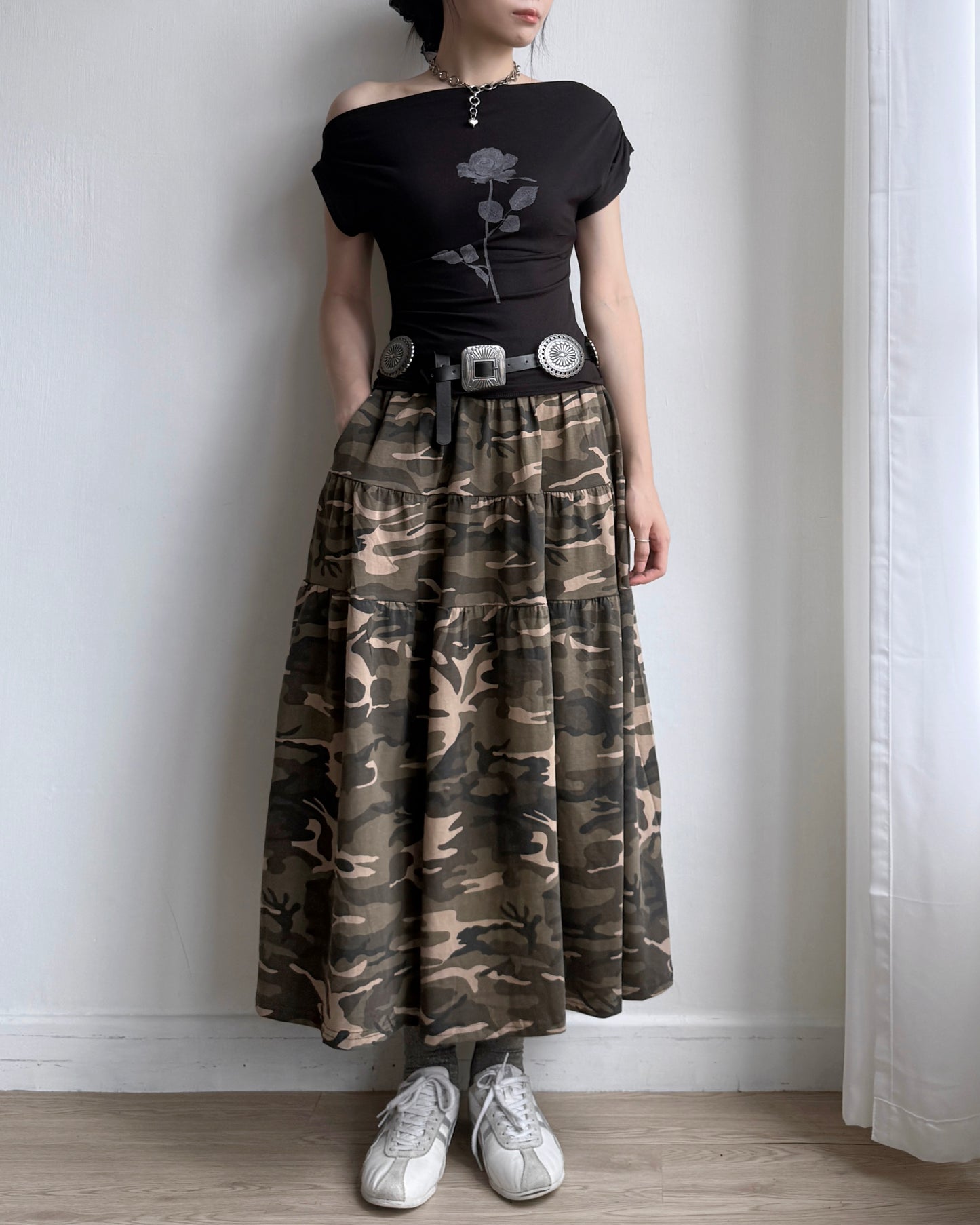 SK199 Camo Long Skirt - Beige | Khaki