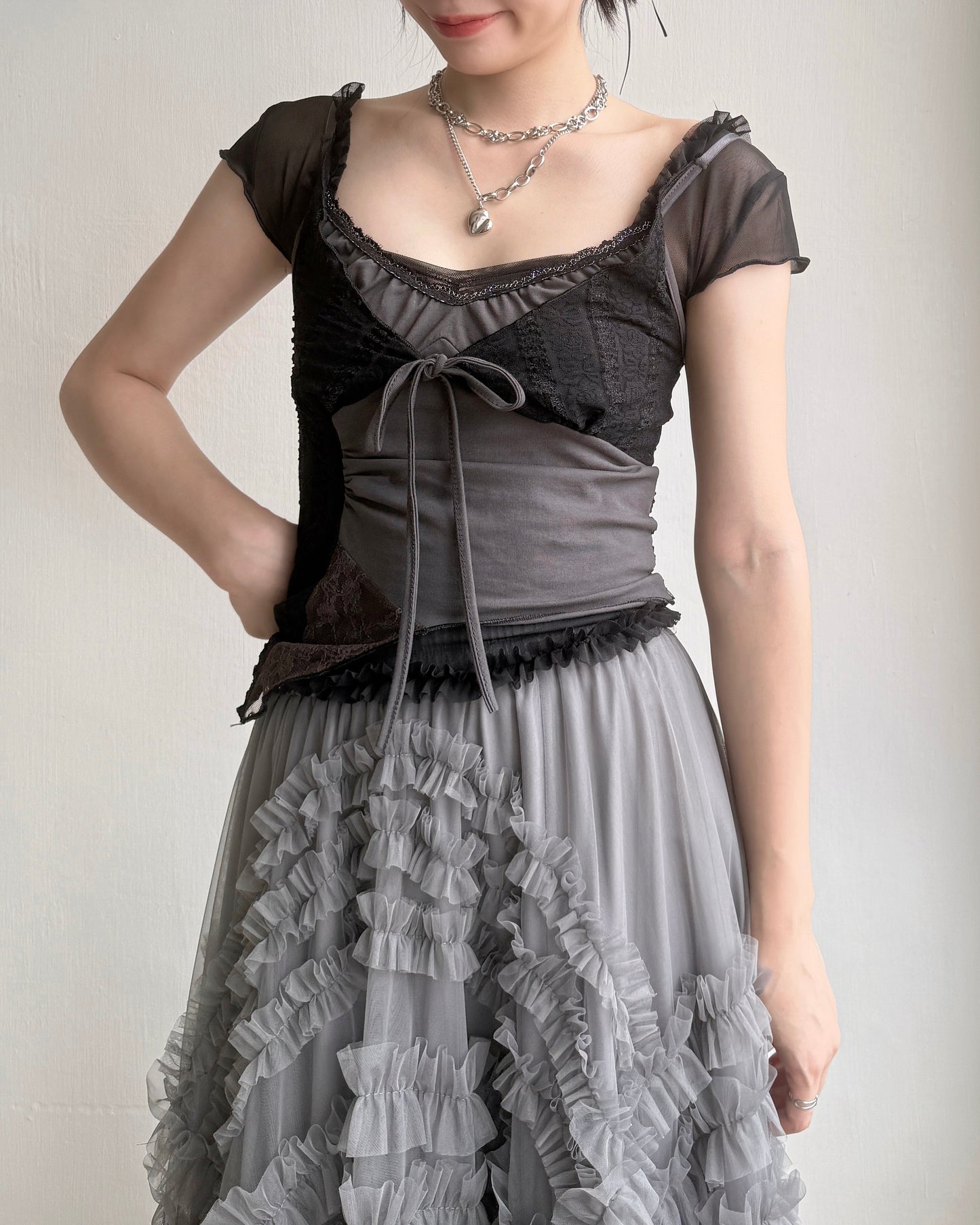 TP529 Ruffle Mesh Top - White | Black | Gray