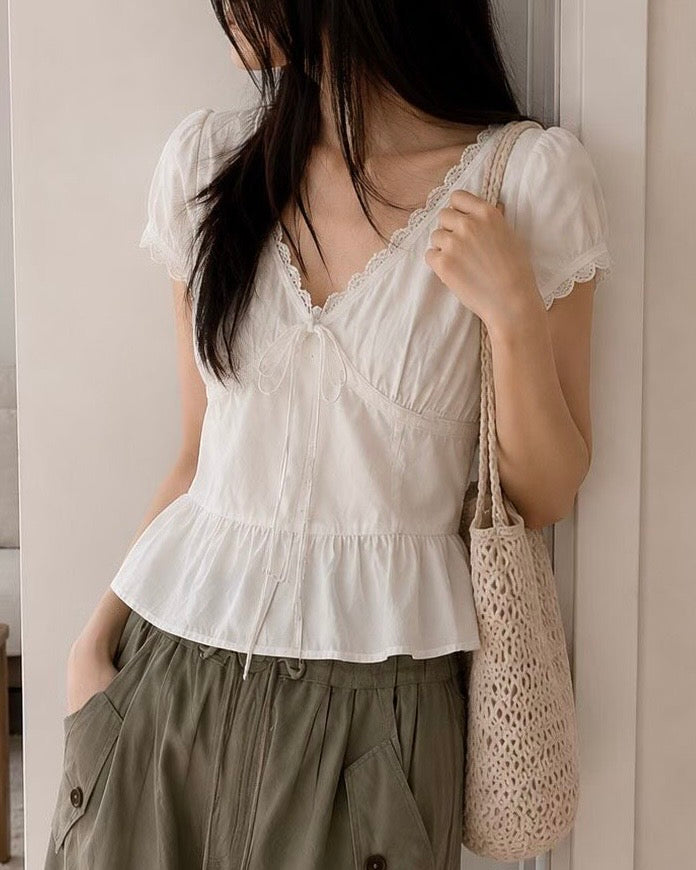 TP598 Lace Flared Blouse - White | Navy