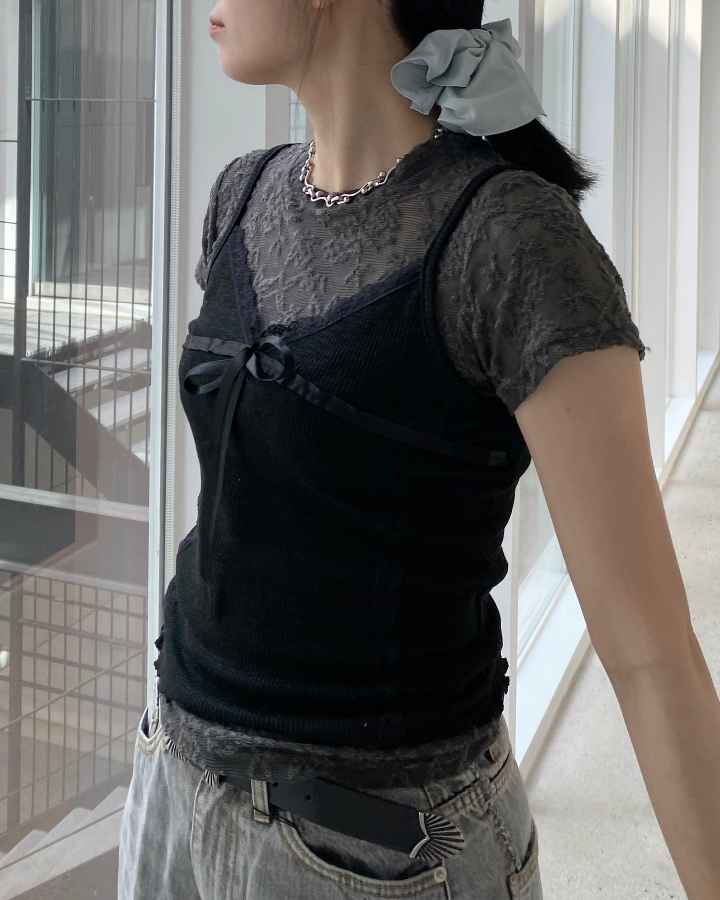 TP510 Lace Sheer Top - Gray | White