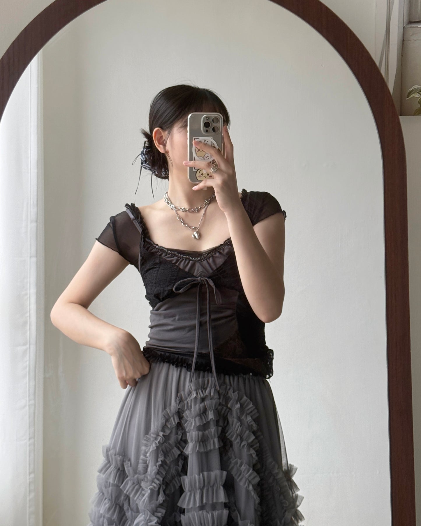 TP529 Ruffle Mesh Top - White | Black | Gray
