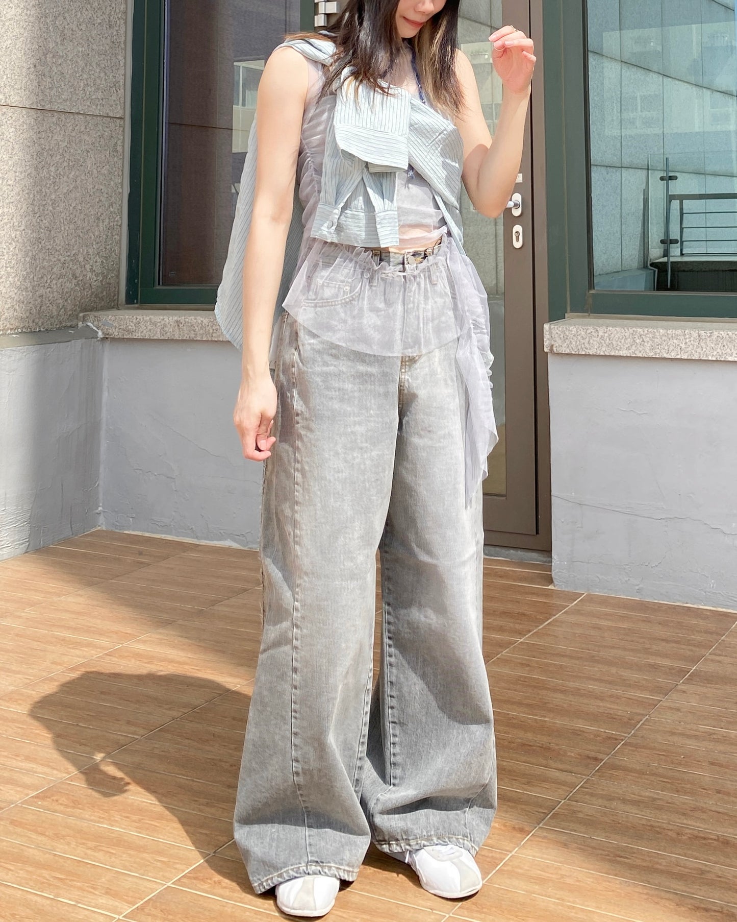 VT242 Ruffle Sheer Vest - Pink | Gray | Black