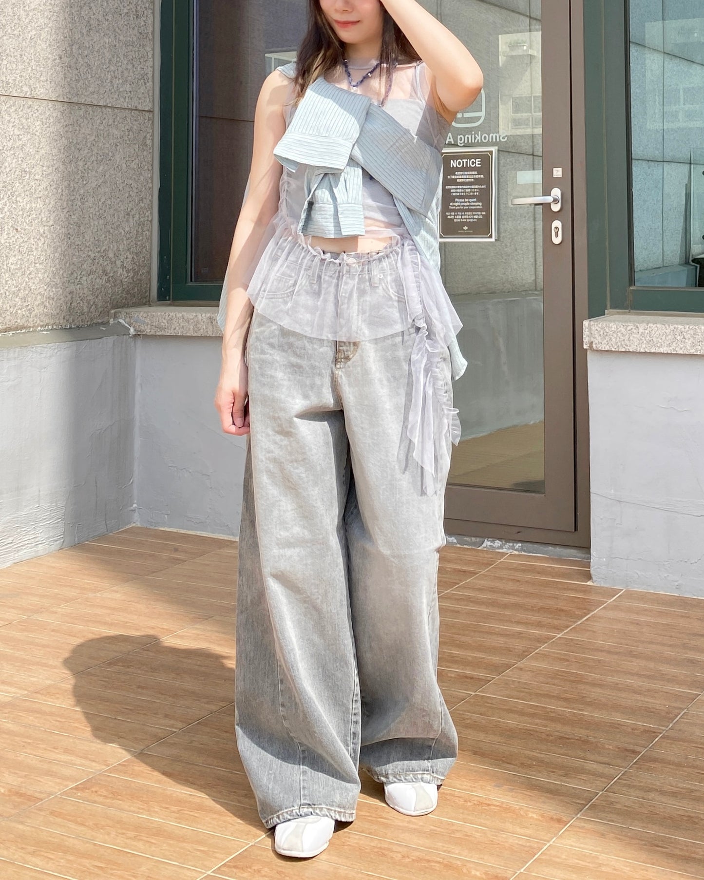 VT242 Ruffle Sheer Vest - Pink | Gray | Black