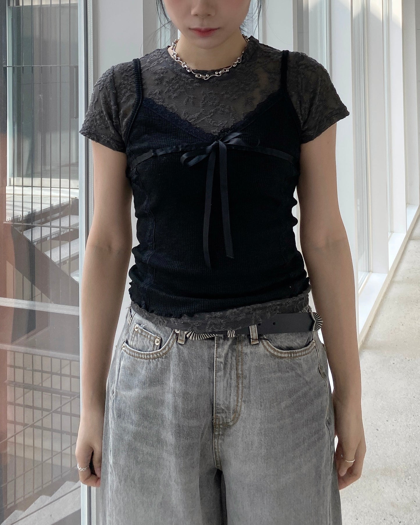 TP510 Lace Sheer Top - Gray | White