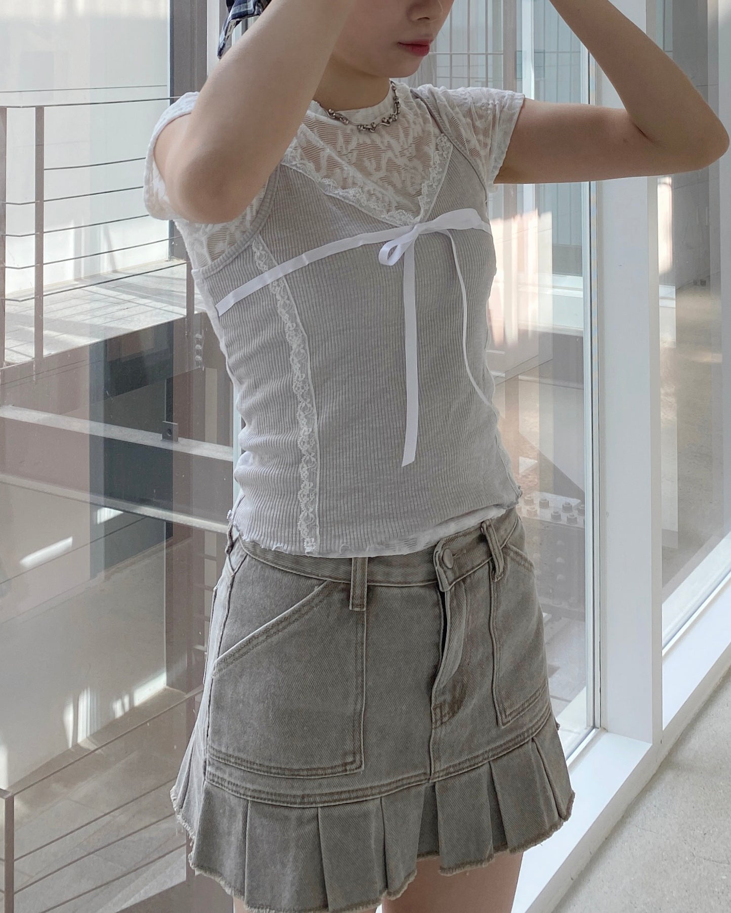 TP510 Lace Sheer Top - Gray | White