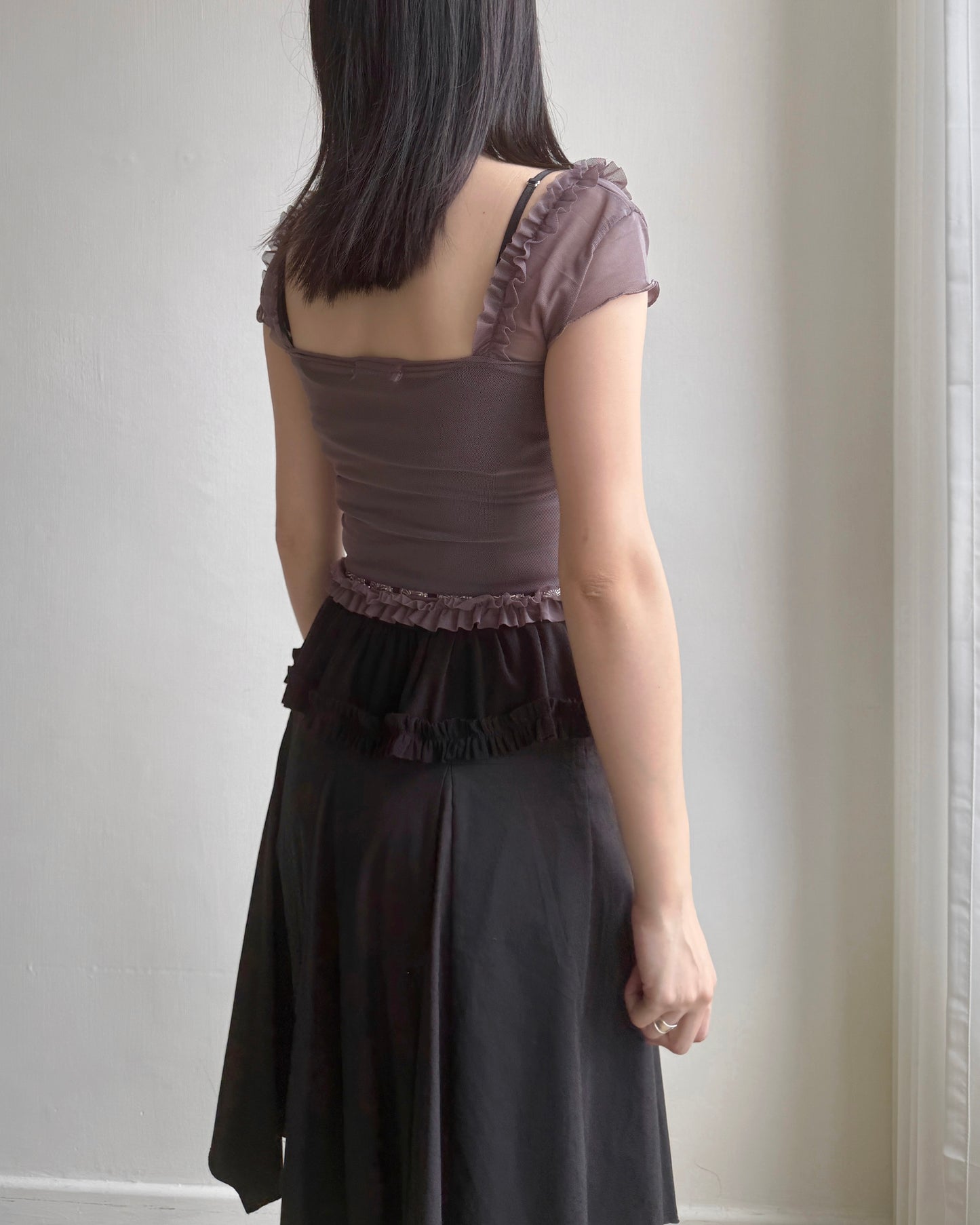 TP529 Ruffle Mesh Top - White | Black | Gray
