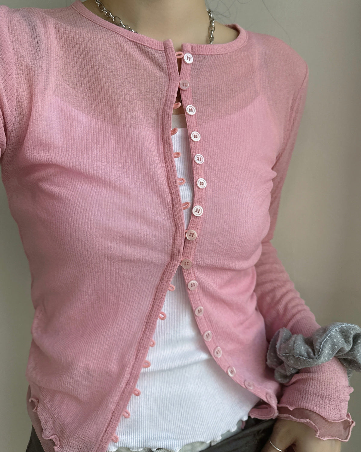 CD060 See-Through Cardigan - Pink | Whit | Black