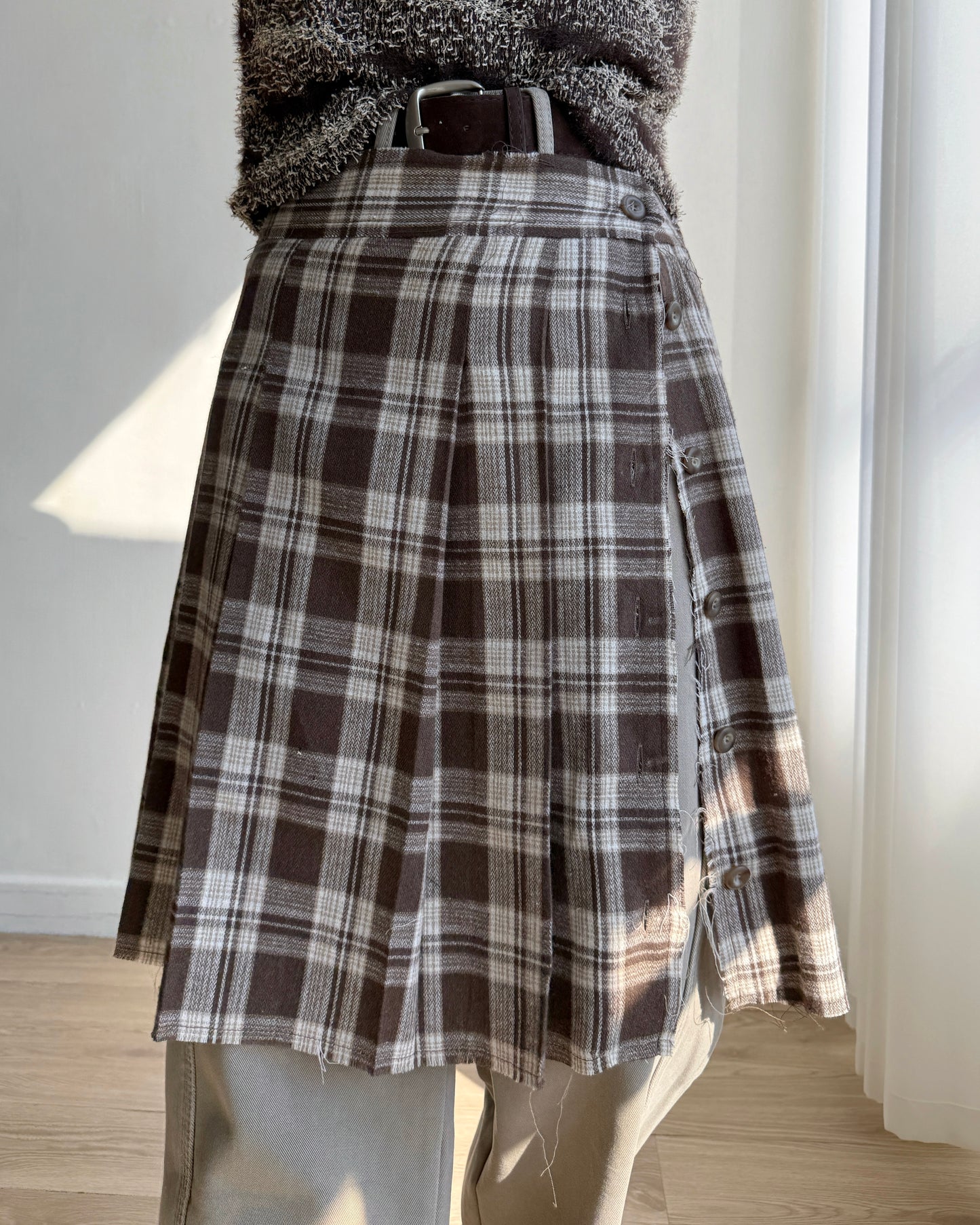 SK207 格子鈕扣2WAY裙子 - Brown | Black