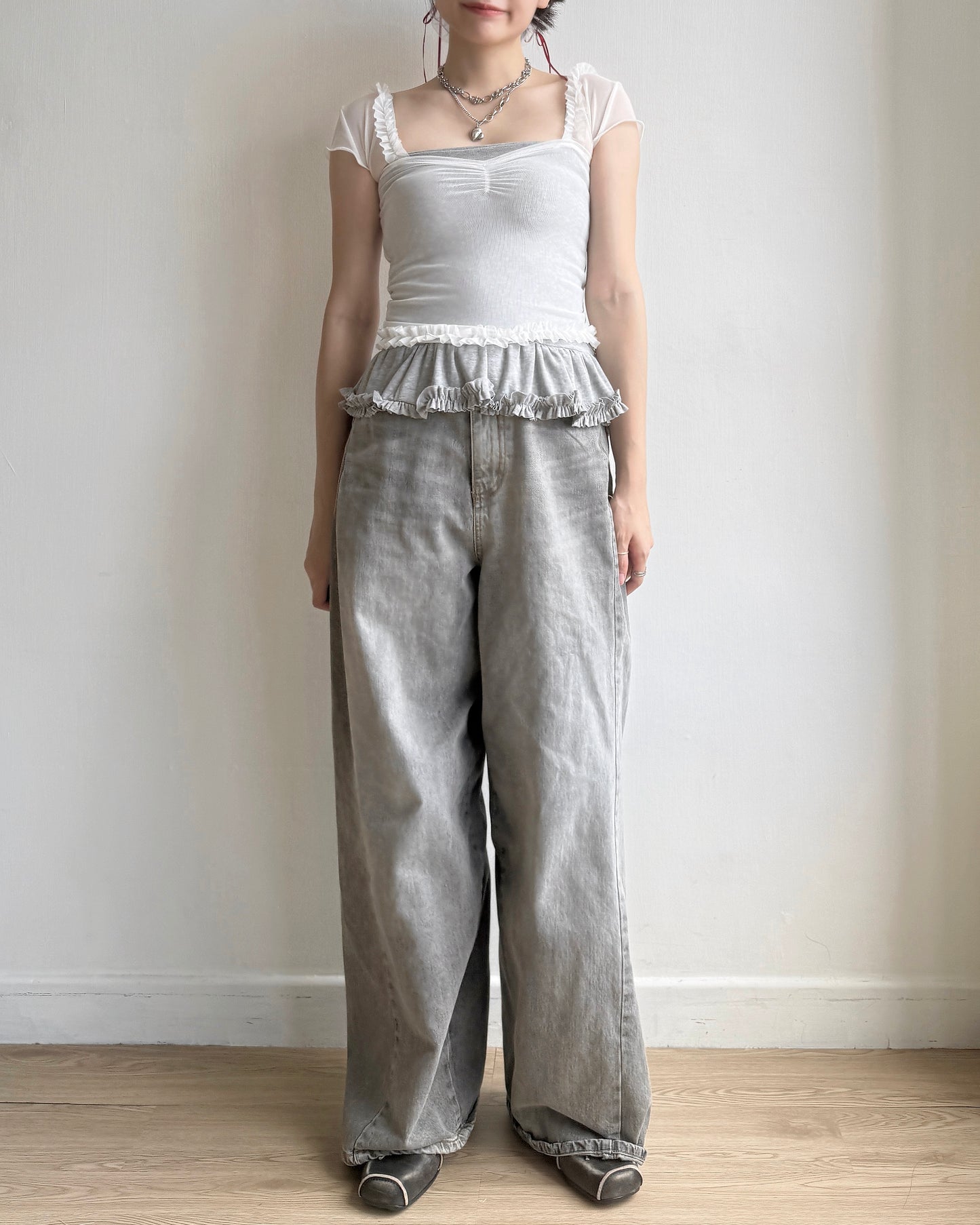 TP529 Ruffle Mesh Top - White | Black | Gray