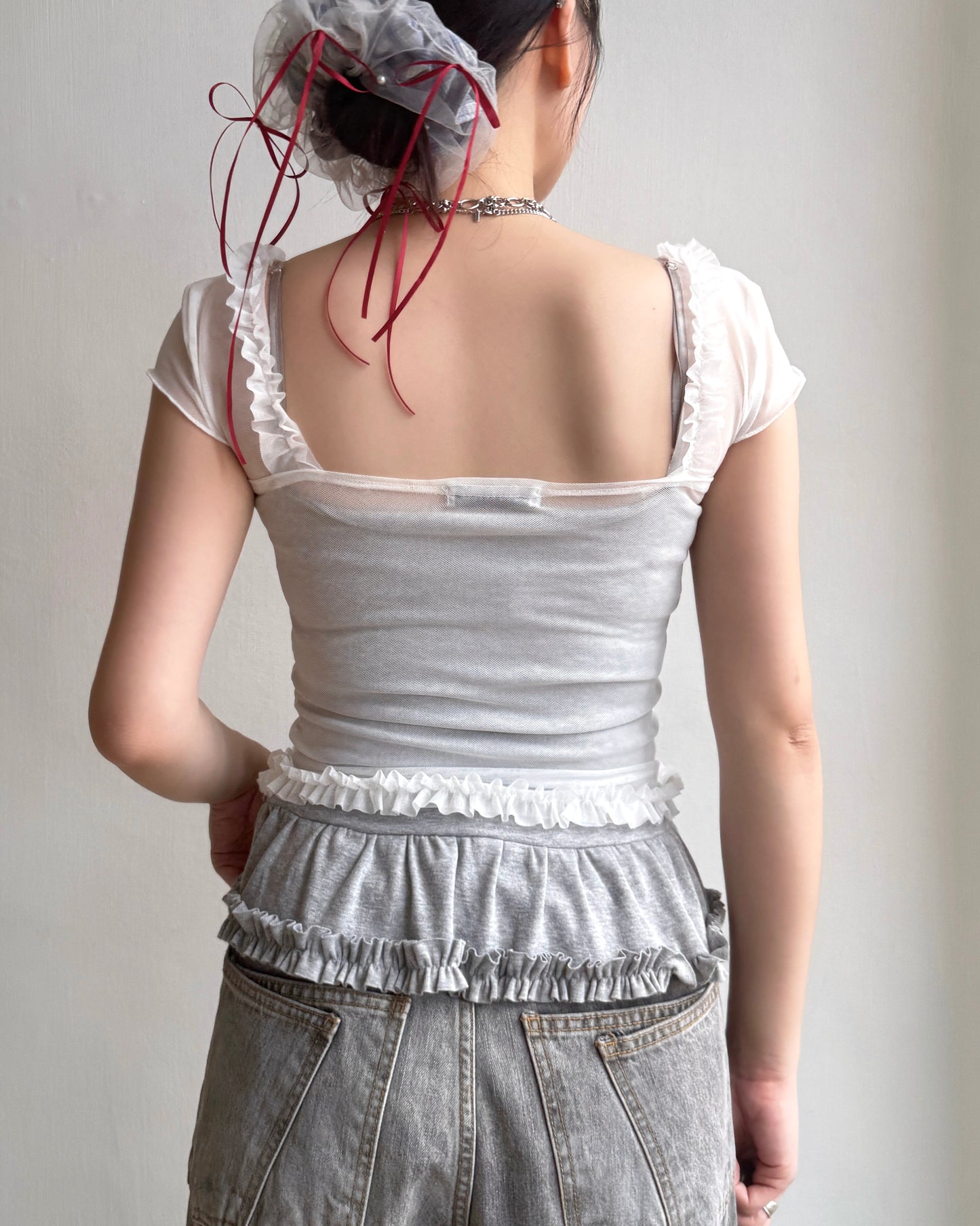 TP529 Ruffle Mesh Top - White | Black | Gray