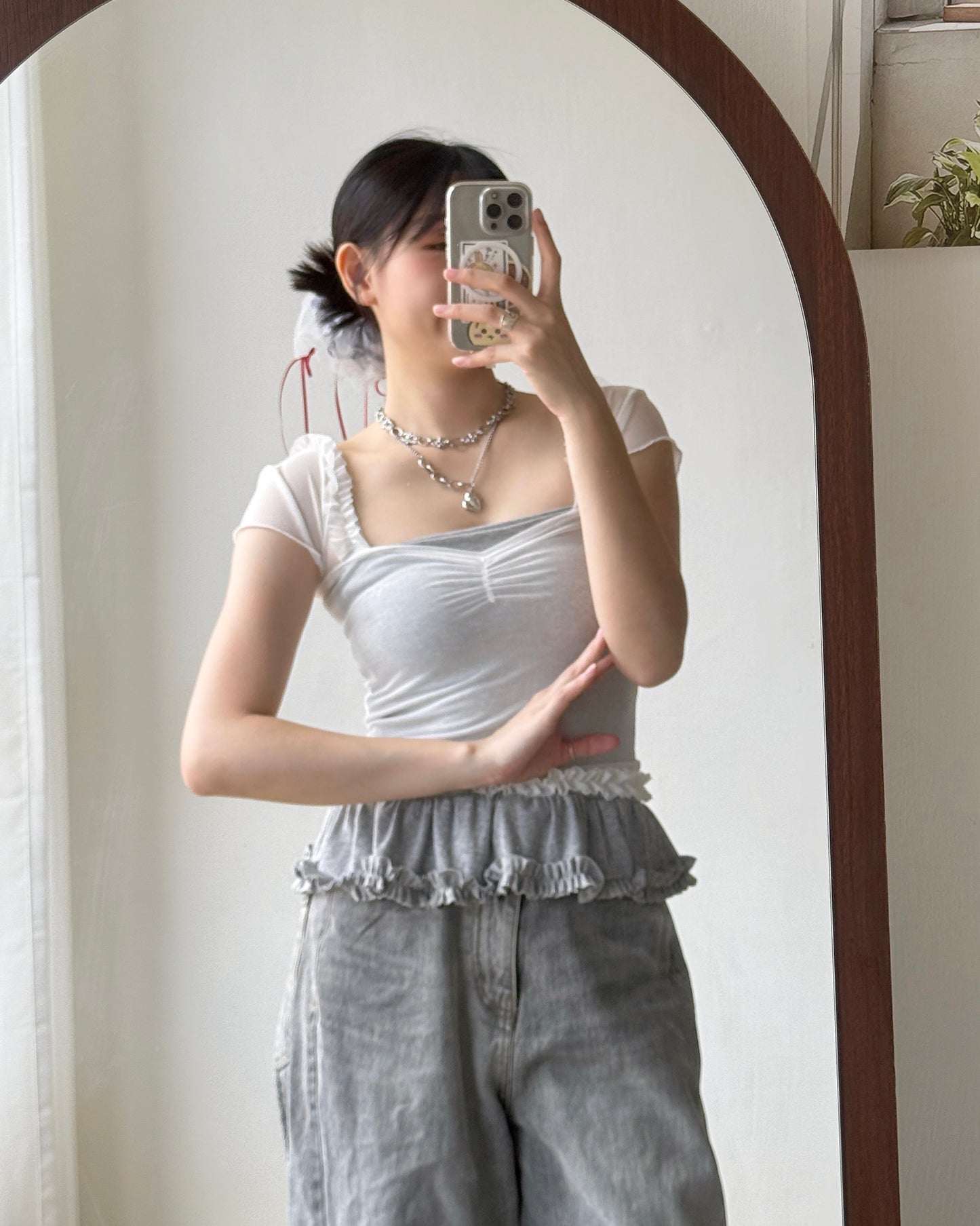 TP529 Ruffle Mesh Top - White | Black | Gray