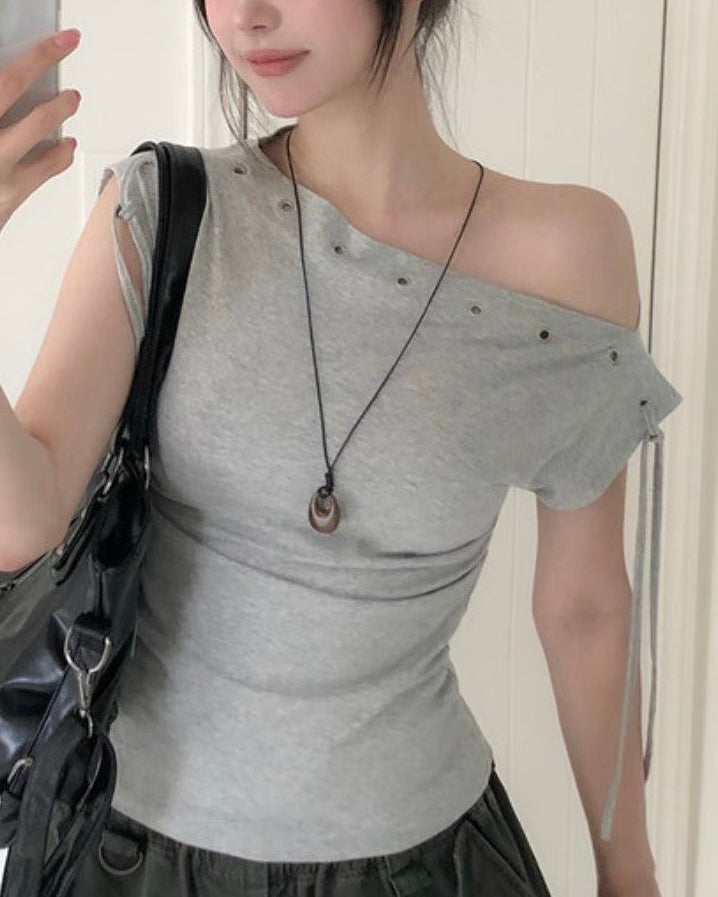 TP591 Eyelet Boat Neck Top - White | Gray | Black