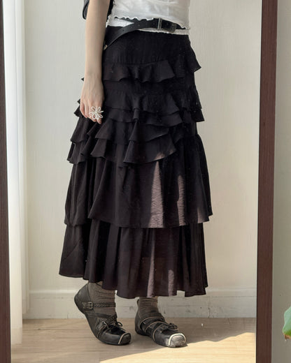 SK218 Ruffle Long Skirt - White | Black