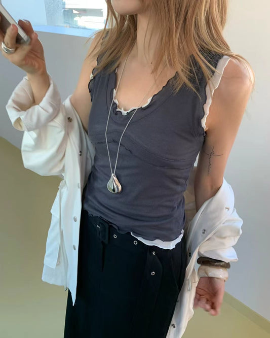 VT277 Ruffle Vest - White | Yellow | Brown | Purple | Charcoal