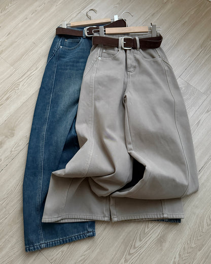 JN062 內有毛毛直筒牛仔褲 - Beige | Blue