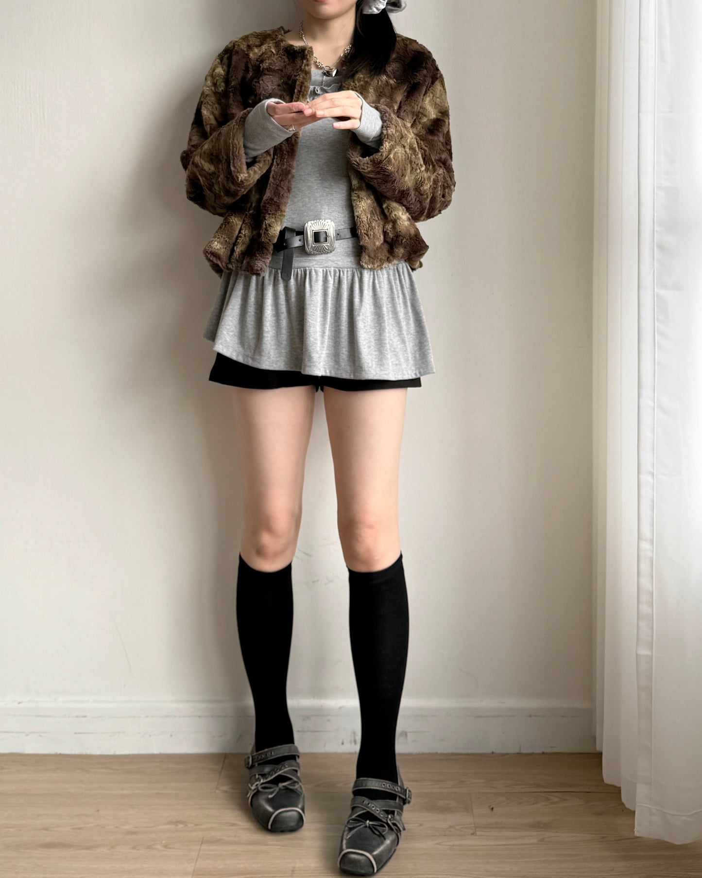 JK044 Mixed Fur Jacket - Khaki | Gray