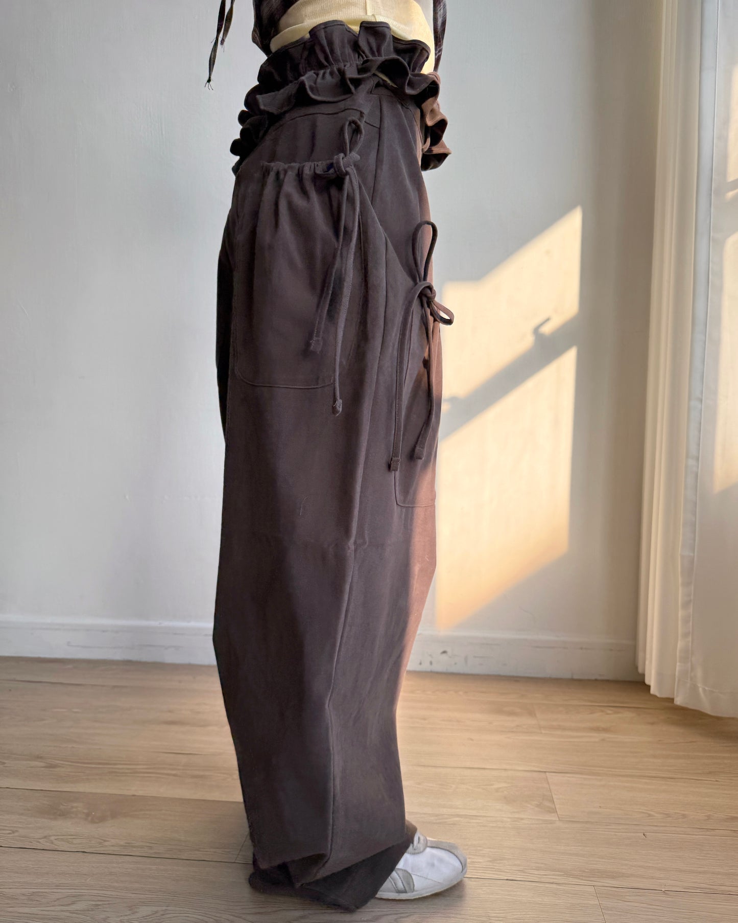 PT077 蝴蝶皺褶休閑褲(連腰帶) - Brown | Black