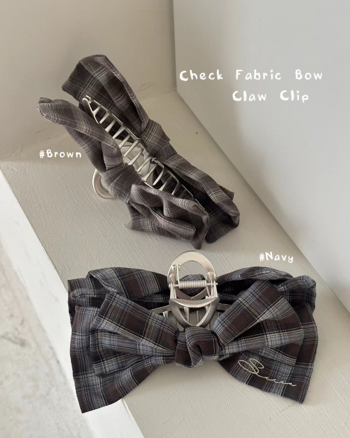 KA435 Check Fabric Bow Claw Clip - Brown | Navy