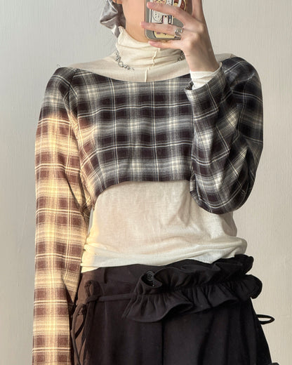 TP563 格仔一字肩短上衣 - Brown | Black