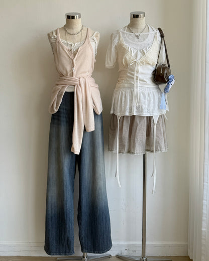 SK223 Porter Frill  Skirt - Beige | White