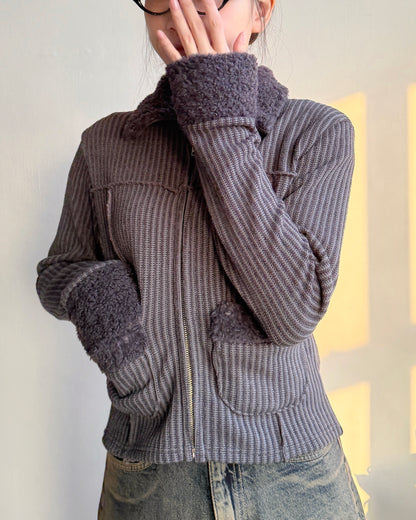 TP565 Fur Zip-up Top - Ivory | Charcoal