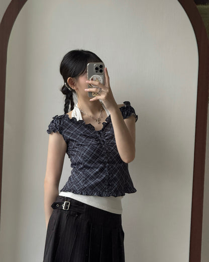 VT291 Checkered  Blouse - Skyblue | Charcoal