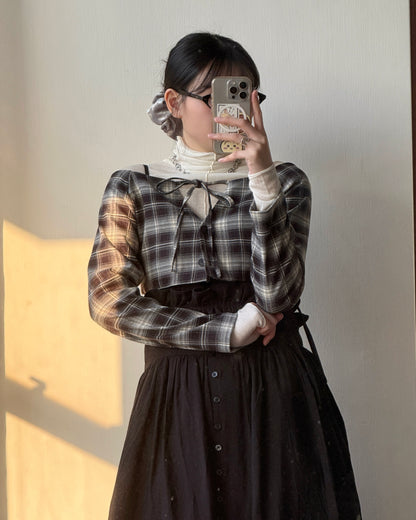 TP563 格仔一字肩短上衣 - Brown | Black