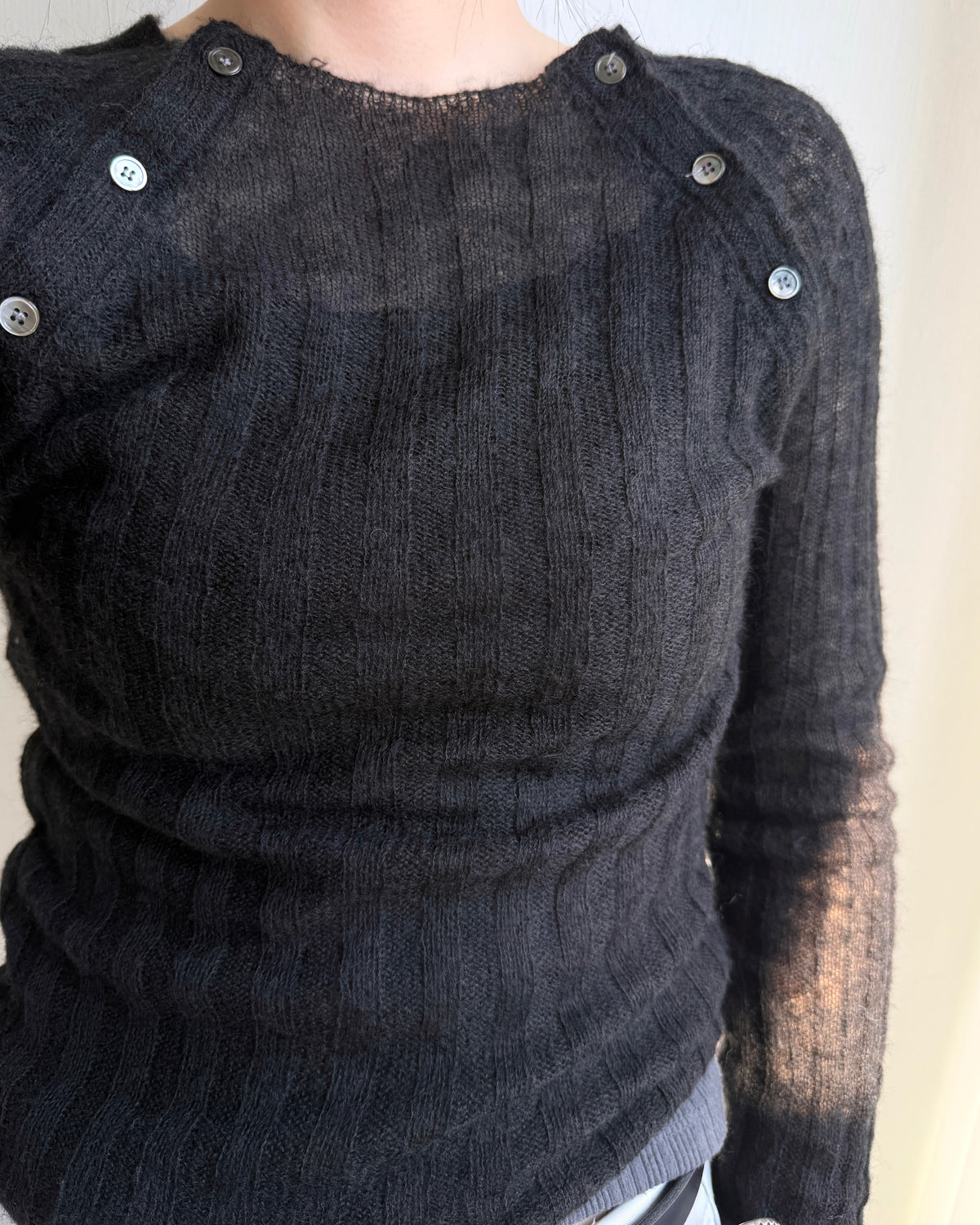 TP624 Fuzzy Rib Button Knit - Gray | Ivory | Black