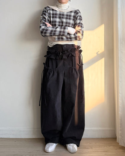 PT077 蝴蝶皺褶休閑褲(連腰帶) - Brown | Black