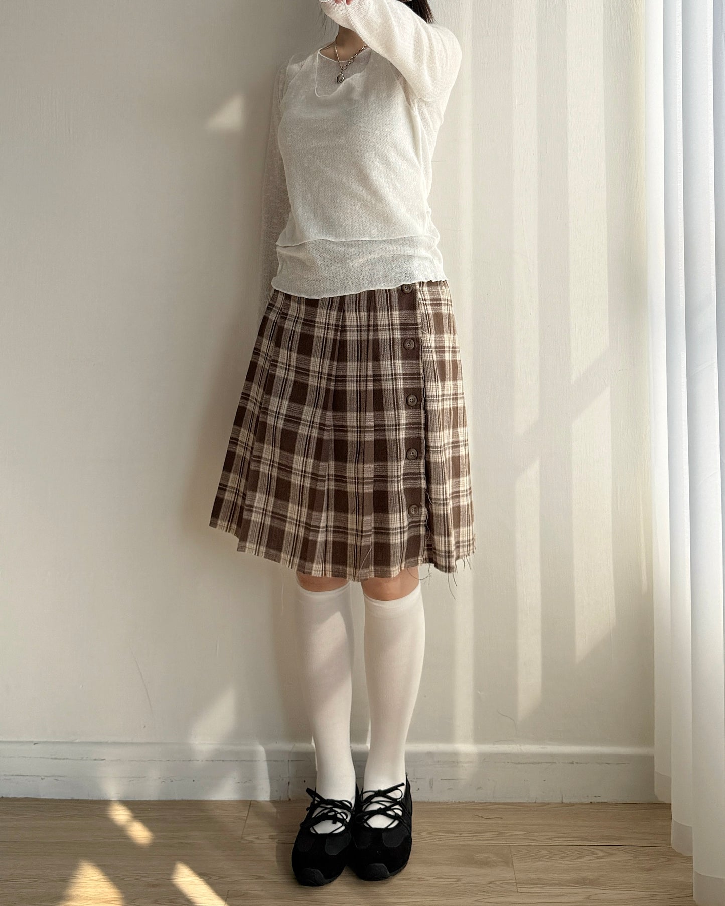 SK207 格子鈕扣2WAY裙子 - Brown | Black