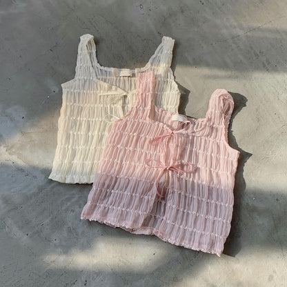 現貨 VT166 Smocked Ribbon Vest - Pink | Ivory