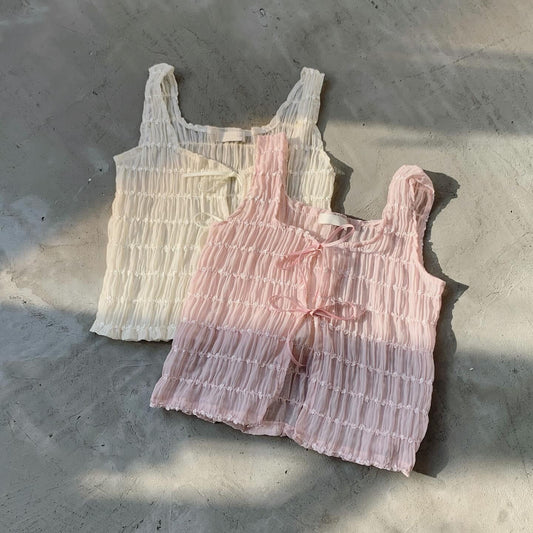 現貨 VT166 Smocked Ribbon Vest - Pink | Ivory