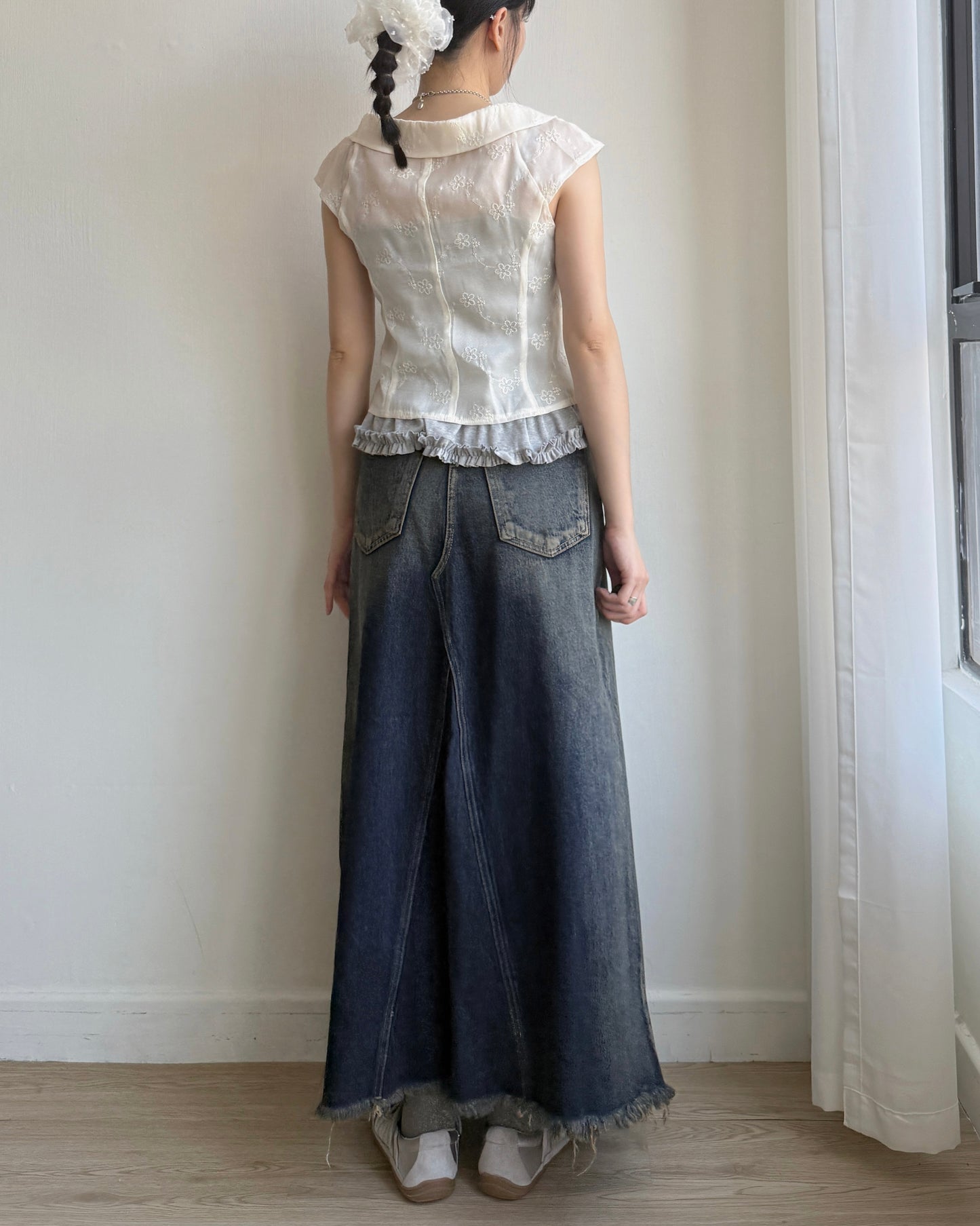 SK196 Dirty Crack Denim Skirt - Navy