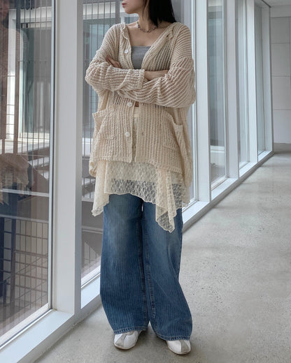 CD052 Meshed Cardigan - Ivory | Black