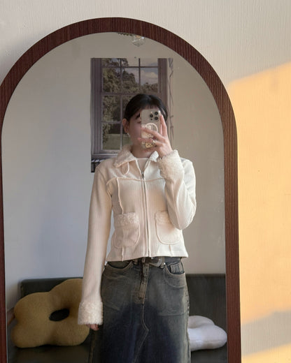 TP565 Fur Zip-up Top - Ivory | Charcoal