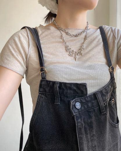 DS275 Unbalanced Overalls Denim Pants