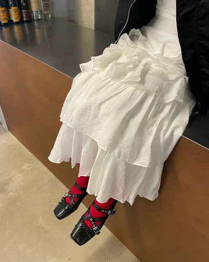 SK218 Ruffle Long Skirt - White | Black