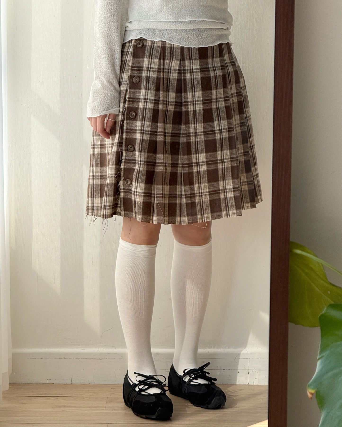 SK207 格子鈕扣2WAY裙子 - Brown | Black