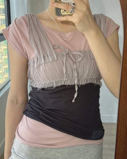 TP606 Ruched Sleeve Top - Pink | White | Charcoal
