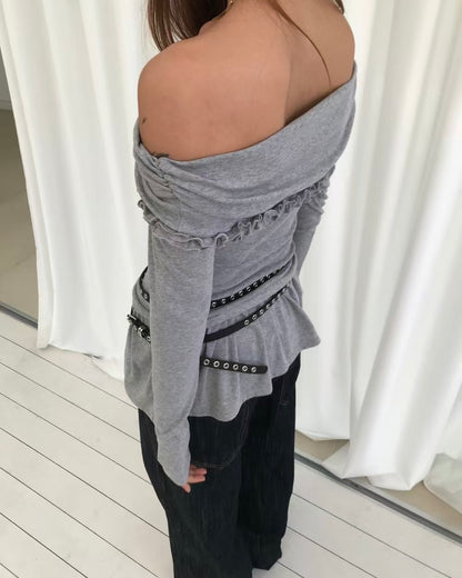 TP568 Off-shoulder Frill Flare Top - Gray | Black