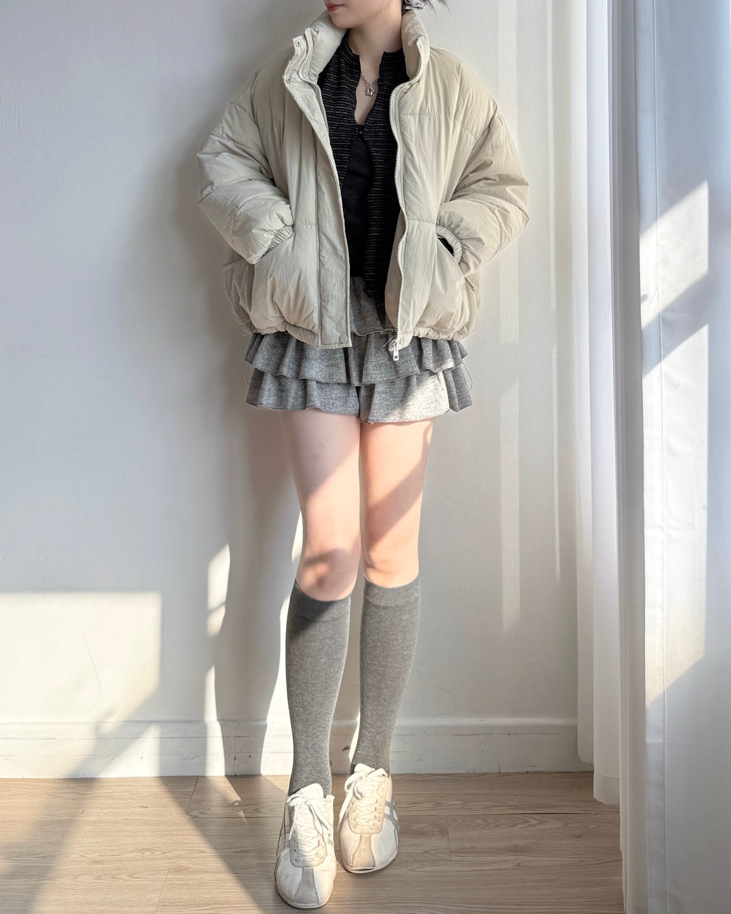 SK208 蛋糕小短裙褲 - Ivory | Grey