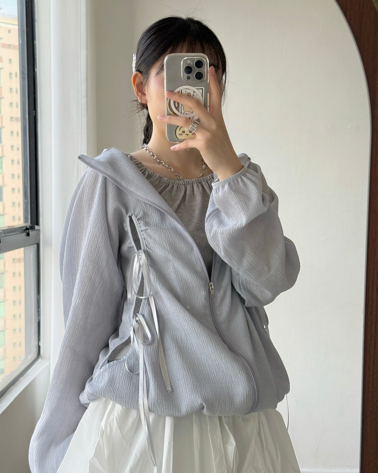 JK046 Ribbon Jacket - White | Skyblue