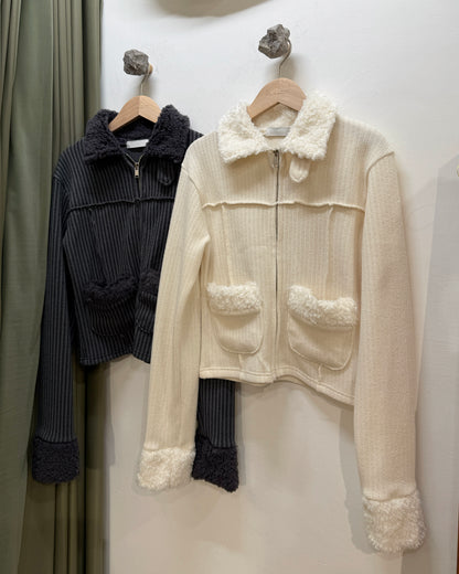 TP565 Fur Zip-up Top - Ivory | Charcoal