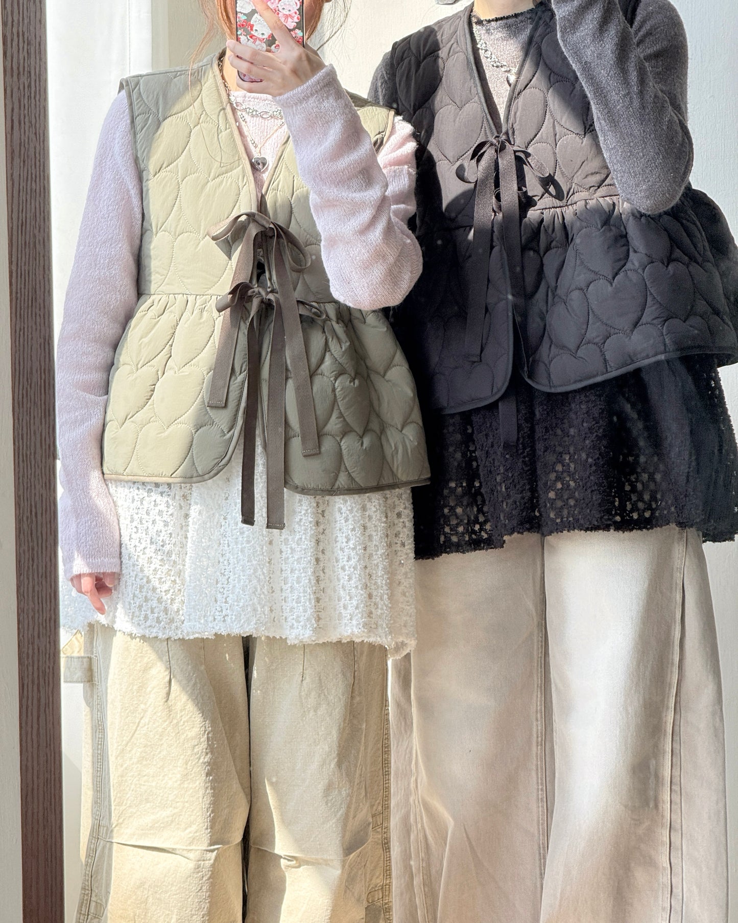 🐏早鳥限定優惠 VT267 Heart Quilted Vest - Khaki | Black