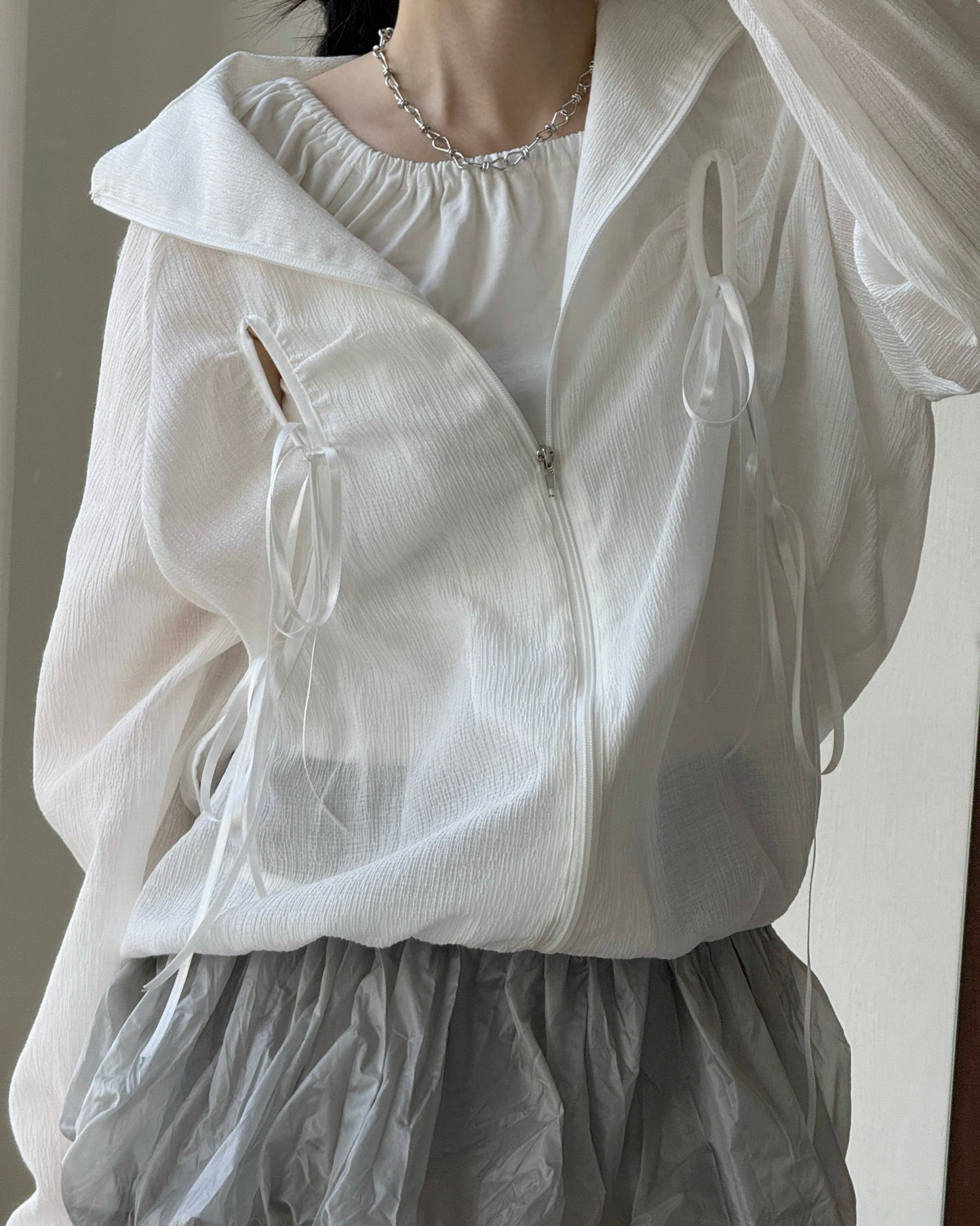 JK046 Ribbon Jacket - White | Skyblue