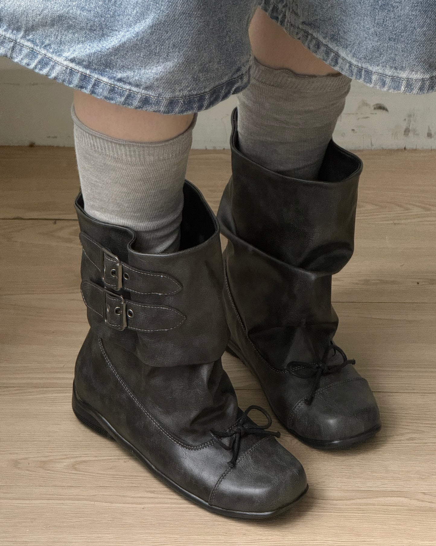 🛎️早鳥限時優惠 SH028 Vintage Washed Buckle Shirring boot