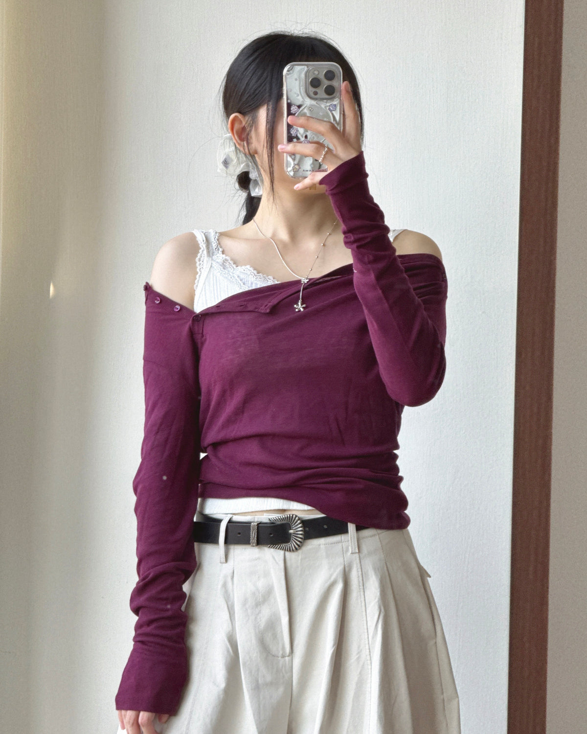 TP622 Ribbed Button Asym Top - Black | Gray | Plum | Charcoal | Mint | Ivory
