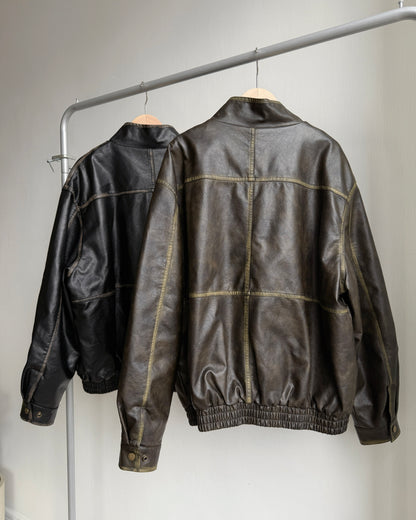🐏早鳥限定優惠 JK042 Peer Leather Jacket - Dark Brown | Black